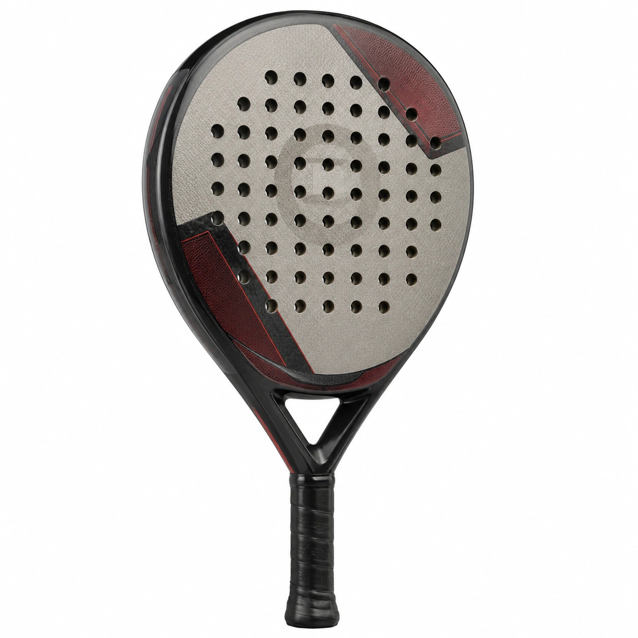Pala de pádel redonda con superficie perforada, negro y rojo