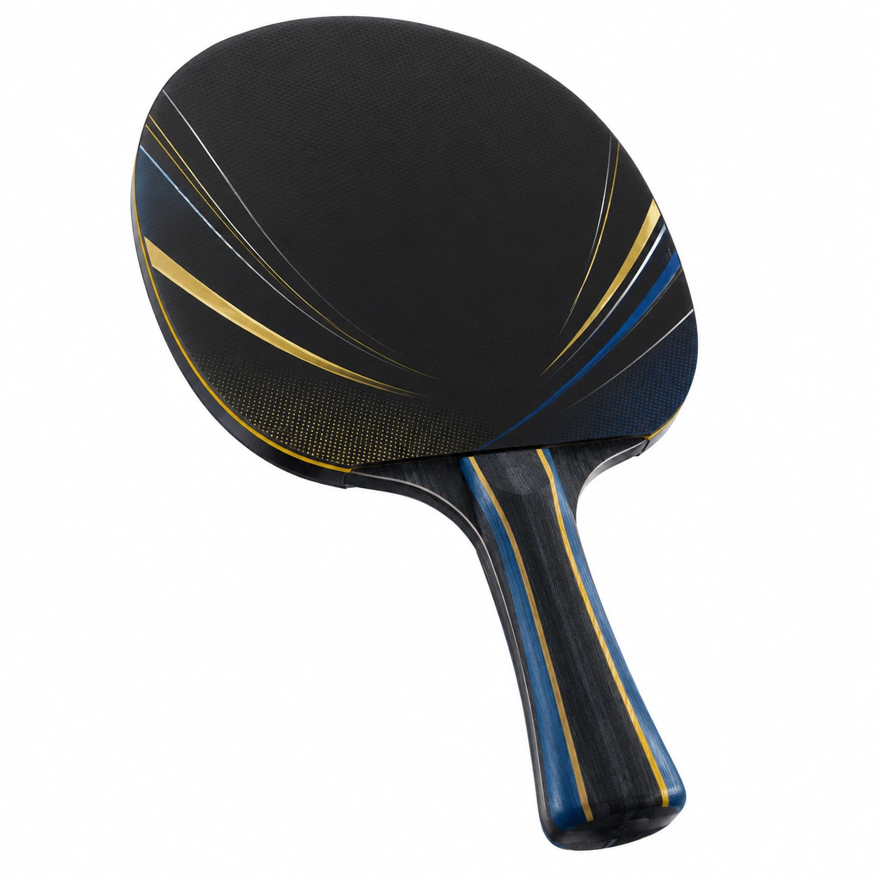 Raqueta de Tenis de Mesa Profesional Negra con Detalles Azules y Dorados